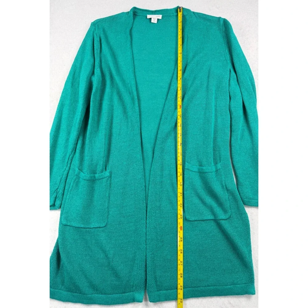 J. Jill Teal Green Linen Blend Open Front Cardigan Sweater XS Petite Pockets